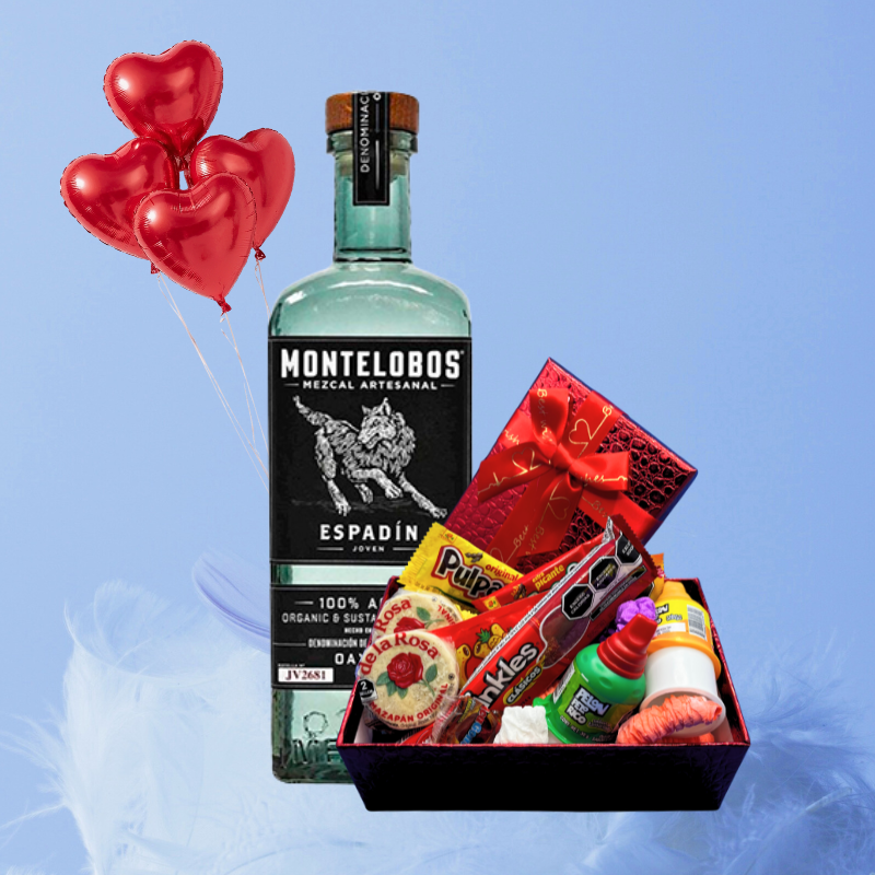 Kit de regalo: mezcal Montelobos con caja de dulces mexicanos